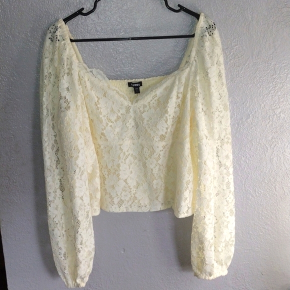 NWT Express Cream Lace Cropped Long Sleeve Mesh Back Top XL - Picture 1 of 7